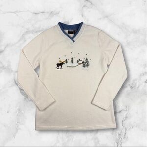 Vintage Croft & Barrow Fleece V-Neck Holiday Christmas Sweater w/ embroidery